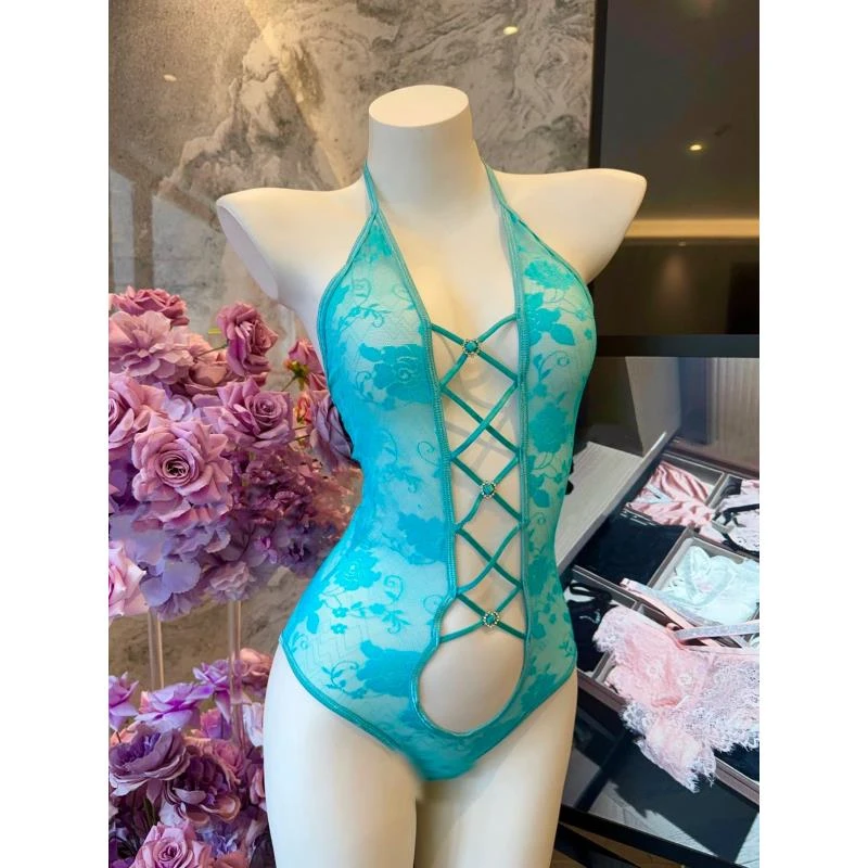 密境【清冷蓝调】性感御姐蕾丝挂脖内衣收腰紧身新款女士睡衣