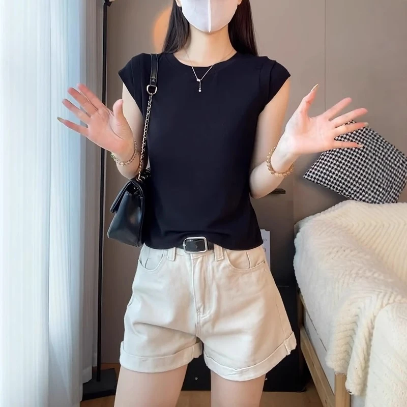老钱风黑色螺纹圆领短袖t恤女夏季新款洋气显瘦飞飞袖上衣韩版ins