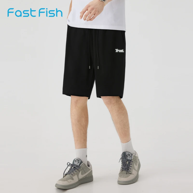 快鱼2025百搭舒适夏季宽松运动五分裤男透气立体刺绣时尚休闲裤