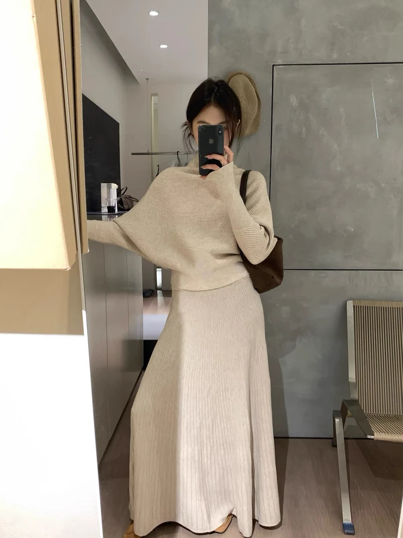 冬季慵懒感针织三件套上衣+半身裙+腰带高级感三件套装