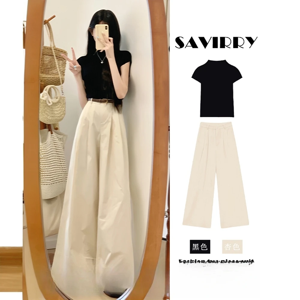 2025夏季小个子穿搭一整套流行时尚显瘦休闲上衣阔腿裤子两件套女