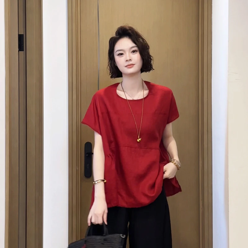气质圆领红色短袖衬衫女夏季宽松慵懒风衬衣百搭休闲洋气遮肚上衣