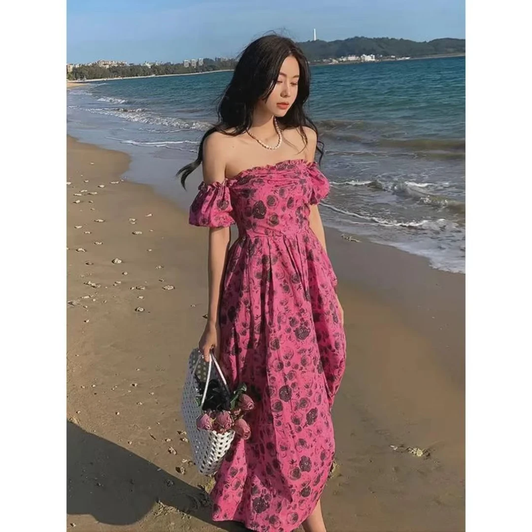 【火龙果】海边度假抹胸连袖连衣裙
