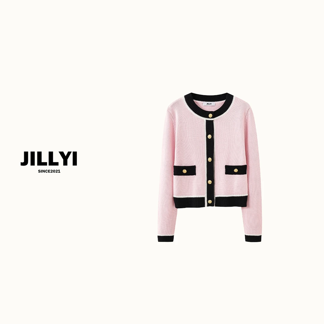 JILLYI南山店【春日樱花】粉黑撞色圆领金色单排扣秋季时尚针织开衫