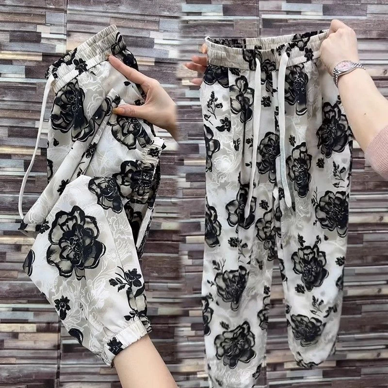 夏季新款花色印花冰丝抖抖裤薄款宽松显瘦哈伦裤束脚休闲九分裤子