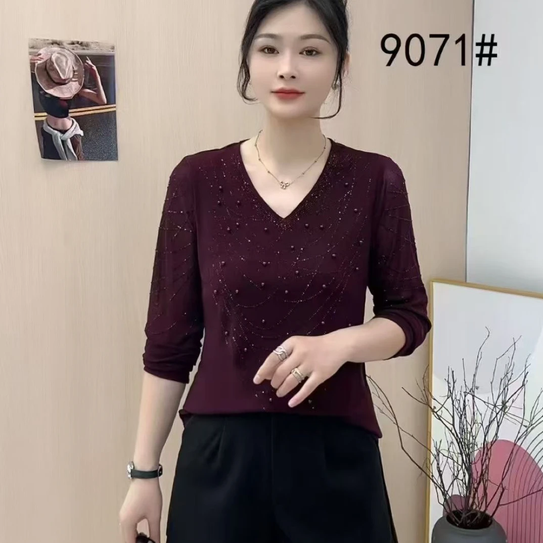 V领极简风常规款9071长袖常规针织T恤气质百搭ins显瘦