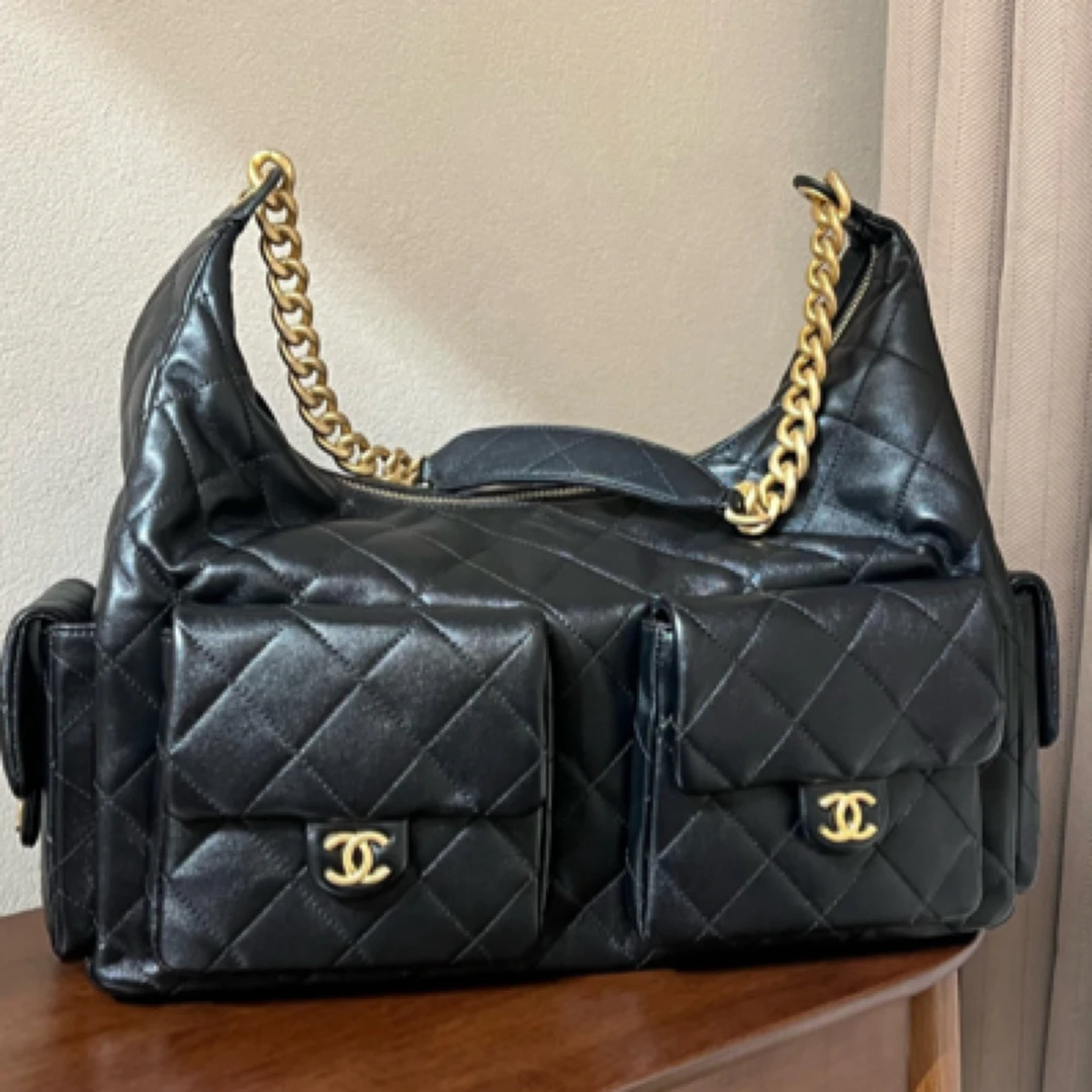 99新 Chanel/香奈儿 25C黑金羊皮嬉皮机车hobo大号单肩包