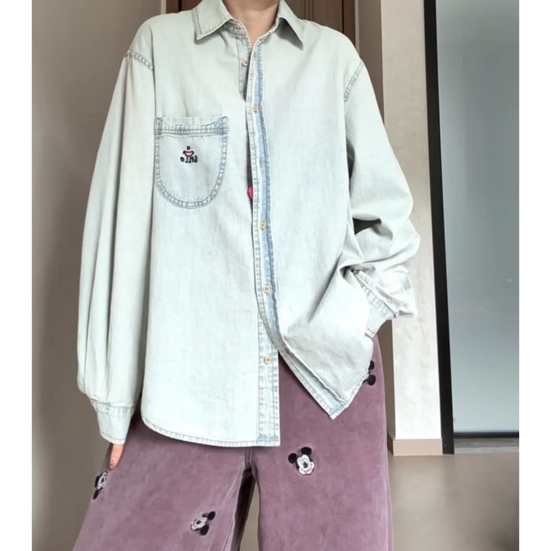 【Z.D.C】刺绣口袋浅蓝色牛仔衬衫/百搭减龄