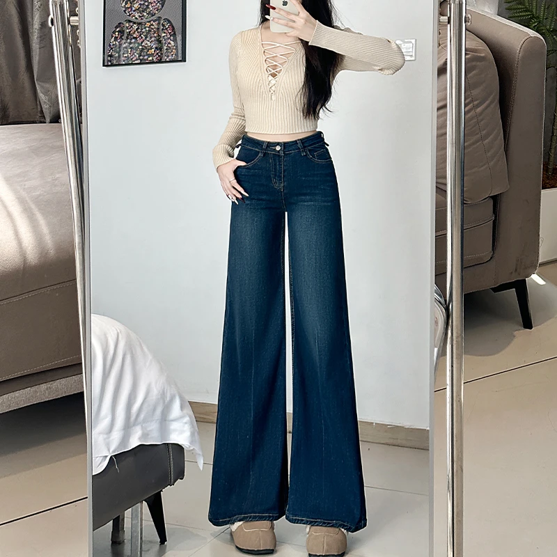 复古蓝微喇叭牛仔裤女高腰2025年秋季新款显瘦小个子阔腿百搭
