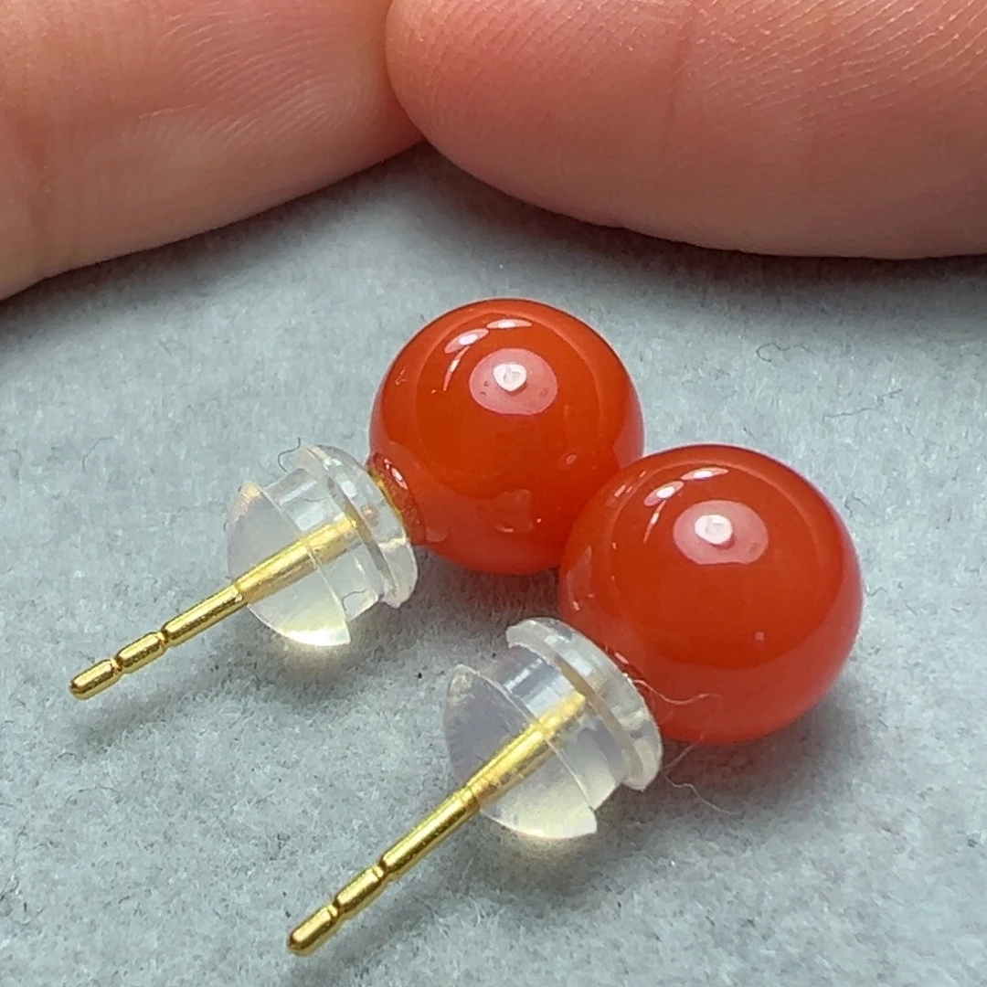 南红玛瑙18K金镶嵌耳钉