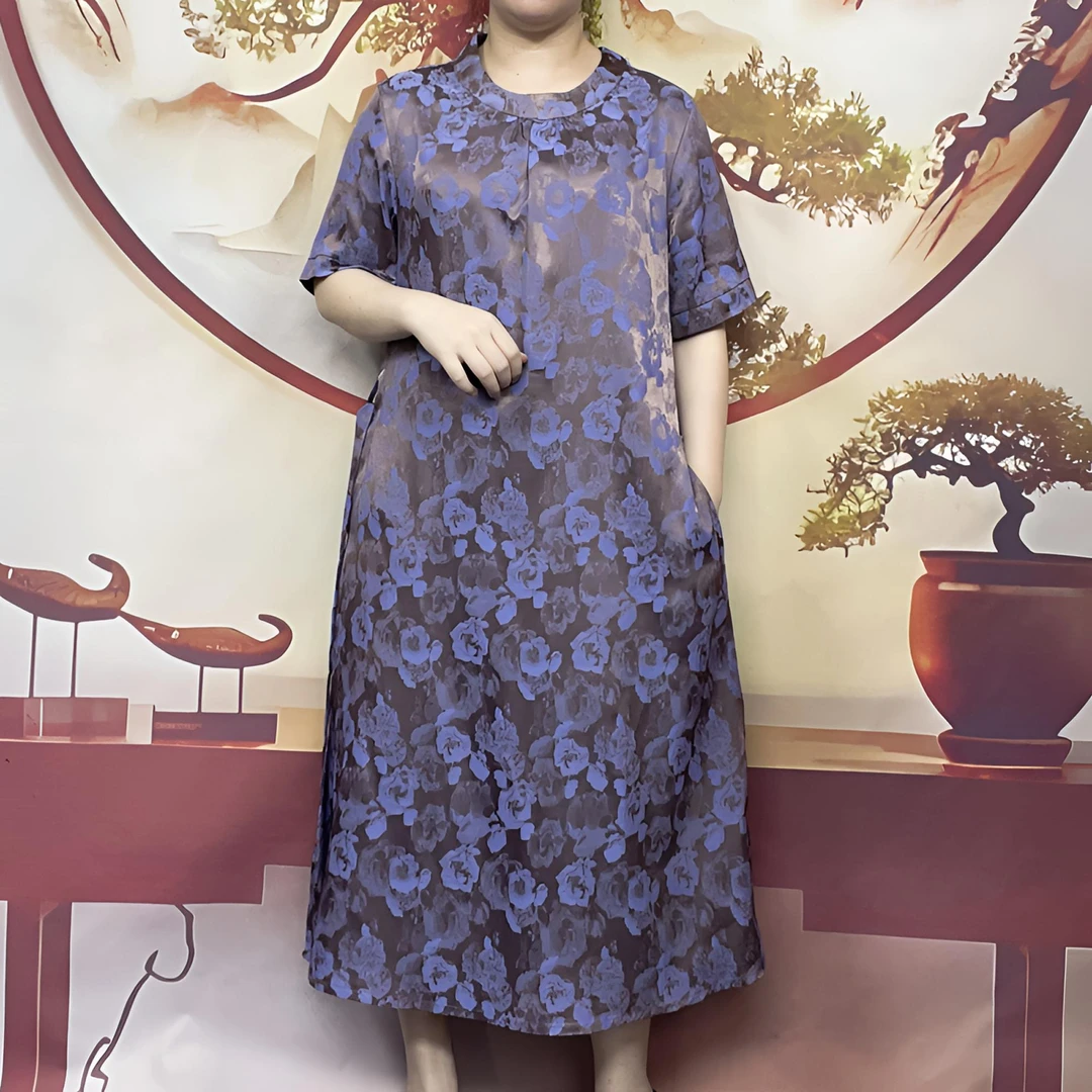 H03显瘦长款短袖提花宽松腰连衣裙重磅新中式紫色圆领韵味收腰