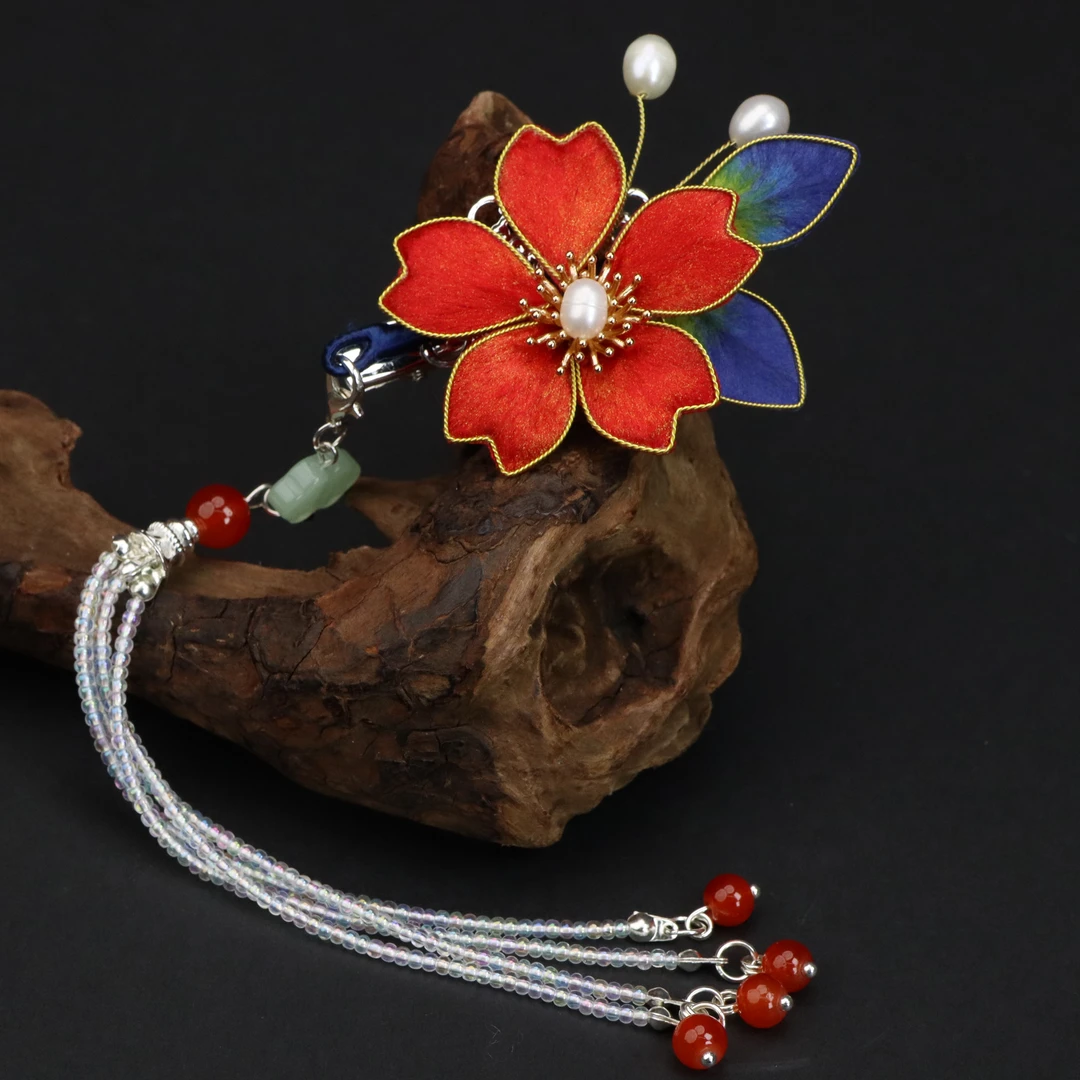 【浮光跃金】非遗绒花红色樱花发夹-古风可爱日常百搭气质手工