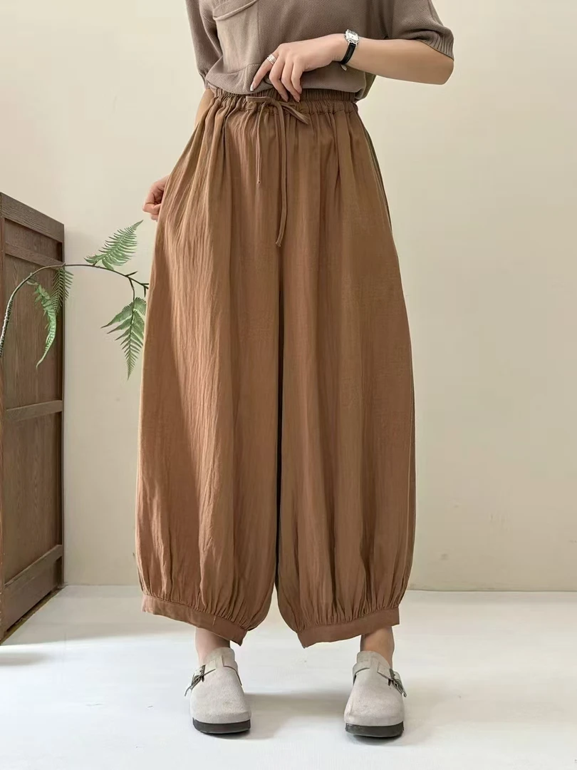 ZX夏季棉纱宽松大码休闲百搭复古纯色阔腿松紧腰裤子灯笼裤
