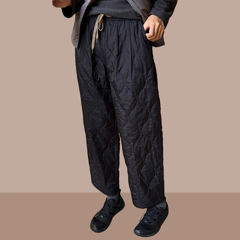 冬季时尚新款简约宽松大码抽绳松紧腰女绗棉镰刀九分裤小个子棉裤