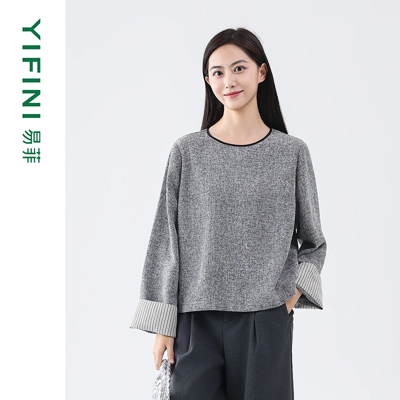 【Yifini】秋季新款国风圆领气质时尚宽松上衣D07S3901