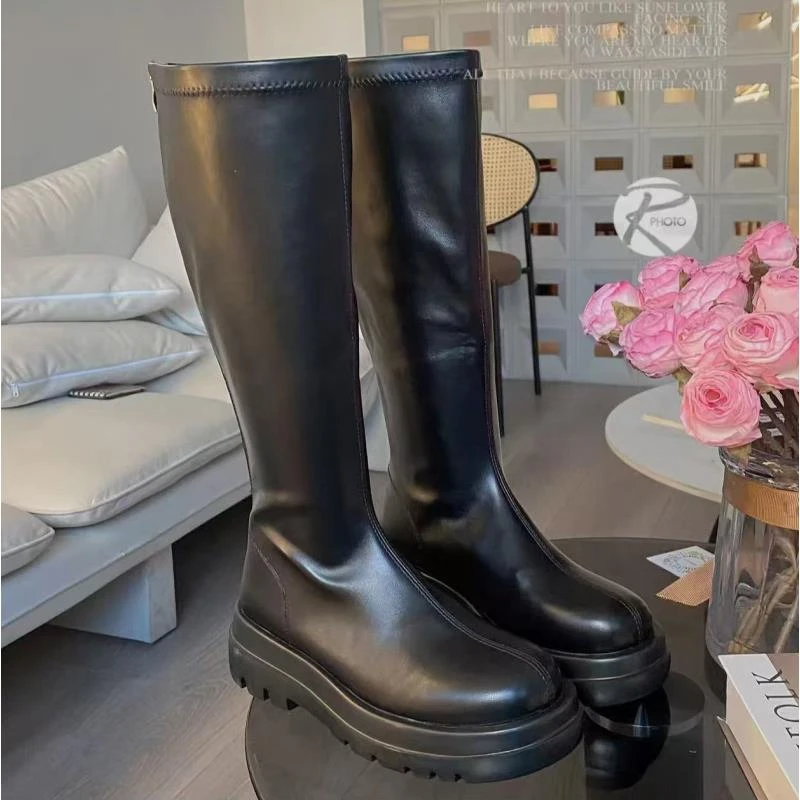 靴女黑色显瘦不真皮高筒靴长靴皮鞋白色长筒高靴时尚女士女款鞋子