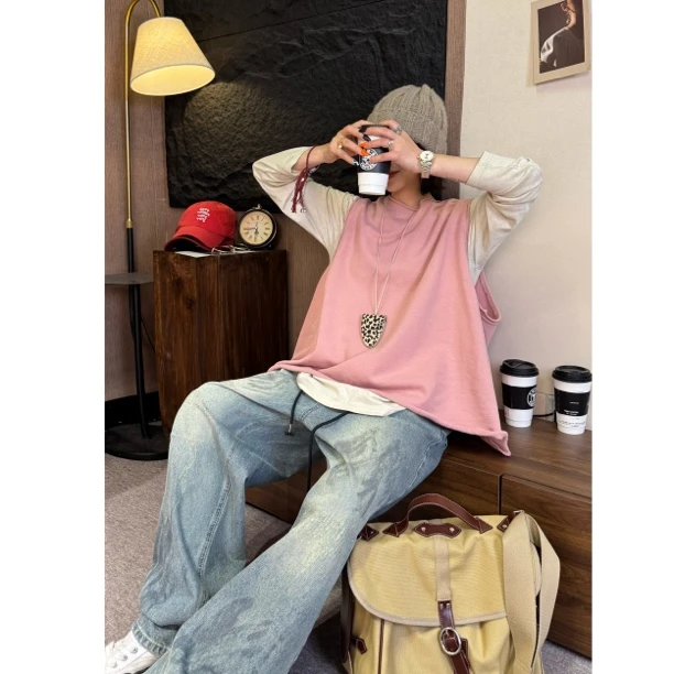HY1987春秋宽松显瘦圈棉毛边套头卫衣马甲韩版百搭休闲设计感