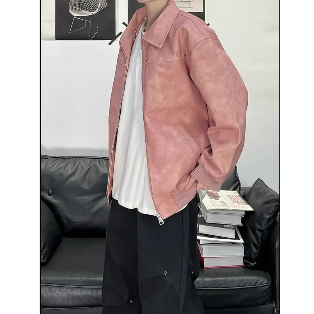 秋冬美式情侣粉色加厚立领宽松皮夹克棉服拉链棉衣皮外套潮 PY888