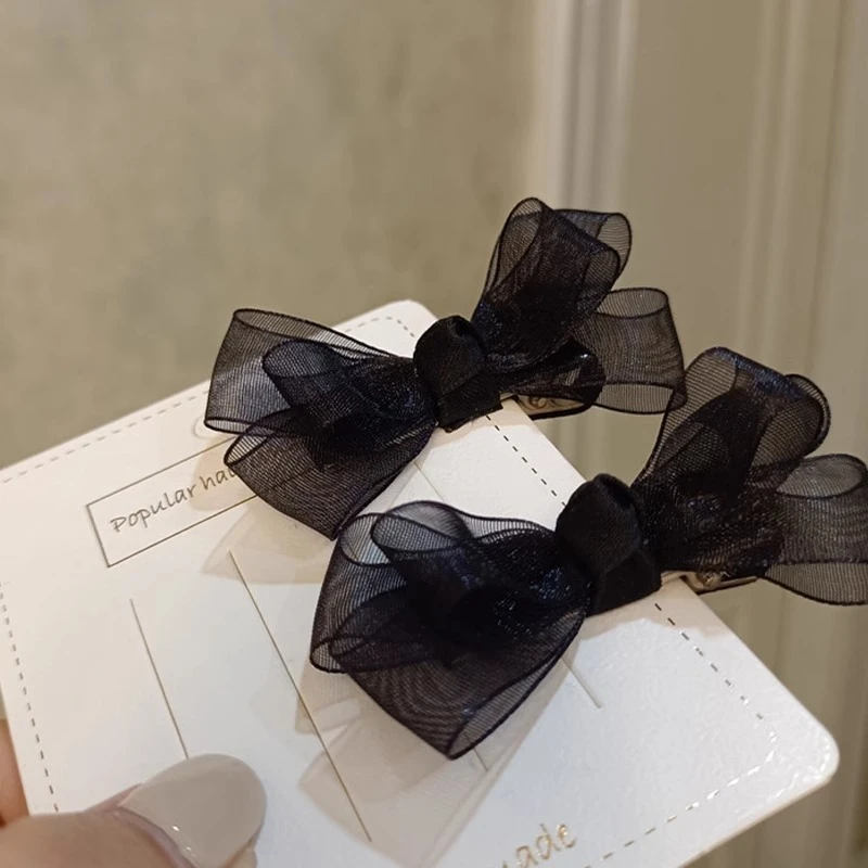 夏季新款气质韩式儿童学生黑色绢纱小蝴蝶结对夹边夹刘海夹发卡