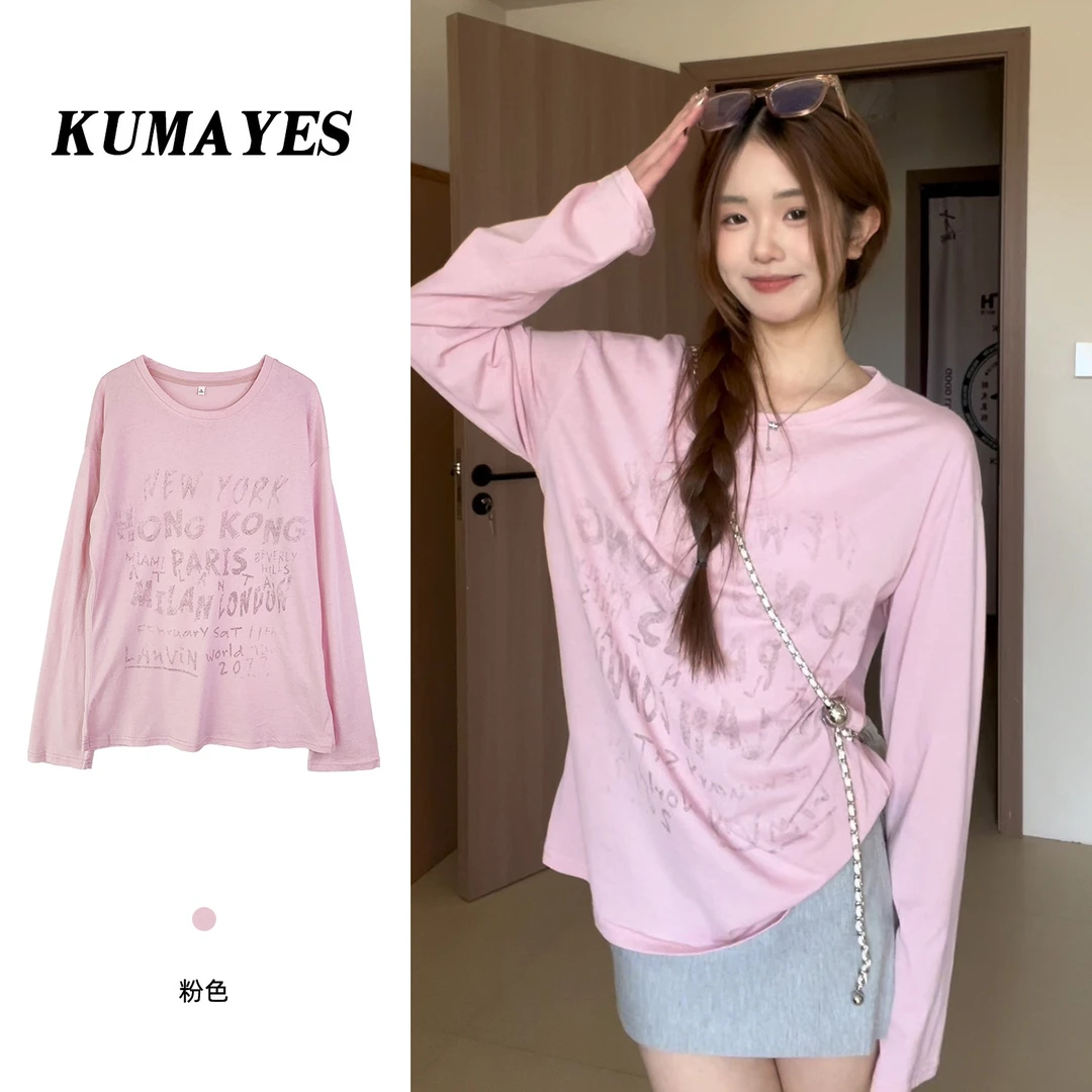 KUMAYES字母印花宽松圆领长袖T恤女慵懒风休闲中长款套头内搭上衣