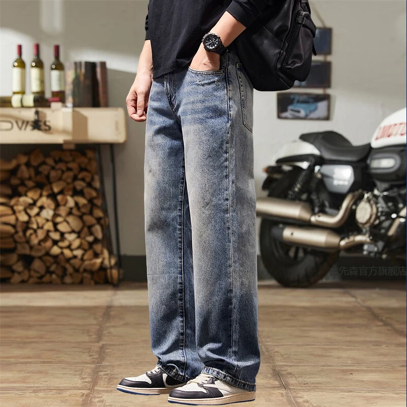 美式高端复古水洗做旧牛仔裤男秋季新款休闲宽松直筒阔腿长裤子男