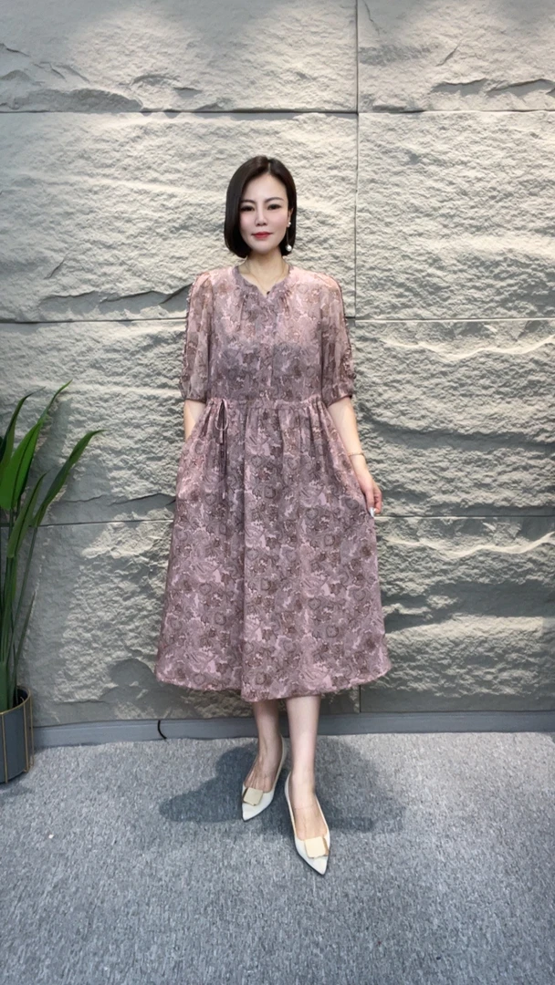 【遇见妳】5187新款圆领双色山水风景图时尚休闲百搭收腰显瘦连衣裙