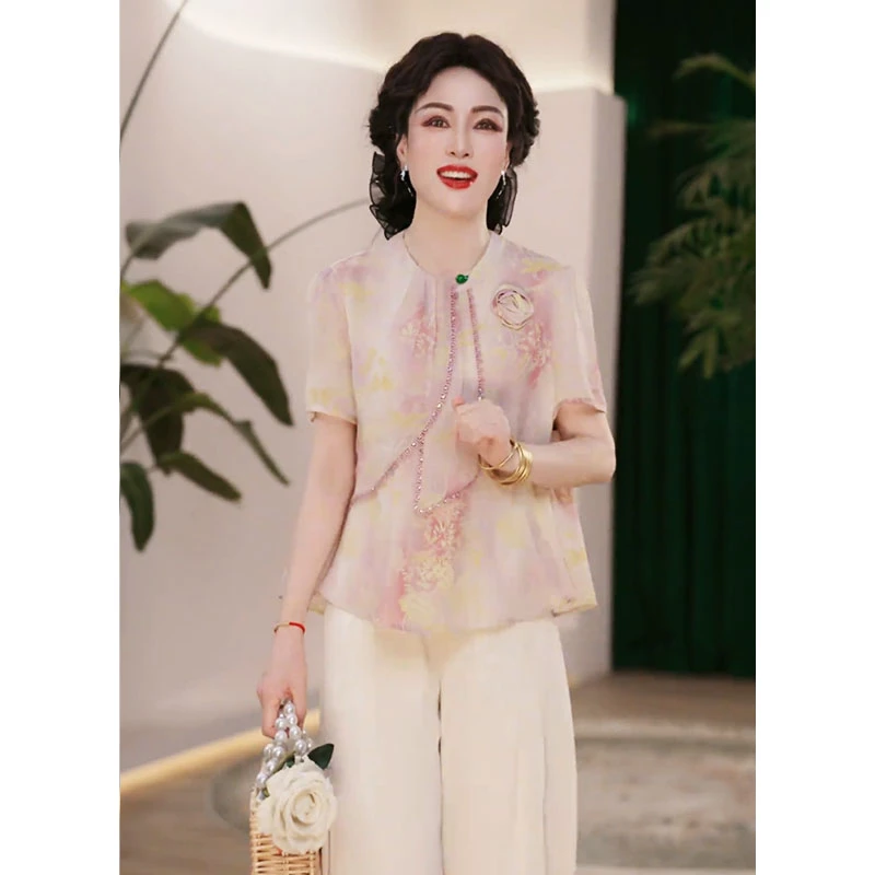 2025新款夏季妈妈装薄款时尚套装气质衬衣女洋气减龄T恤套装洋气