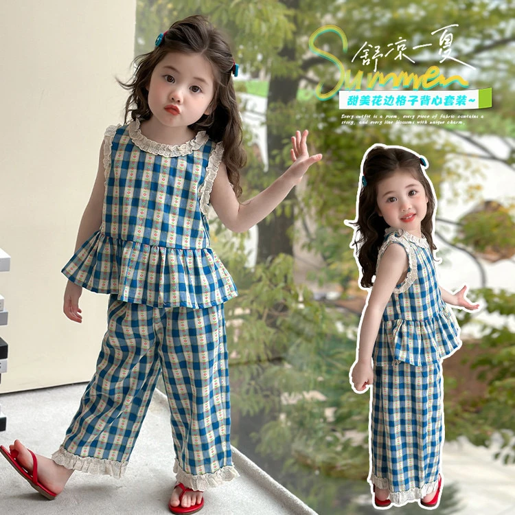 女童格子背心套装夏季薄款透气女宝宝洋气校园风中小童两件套