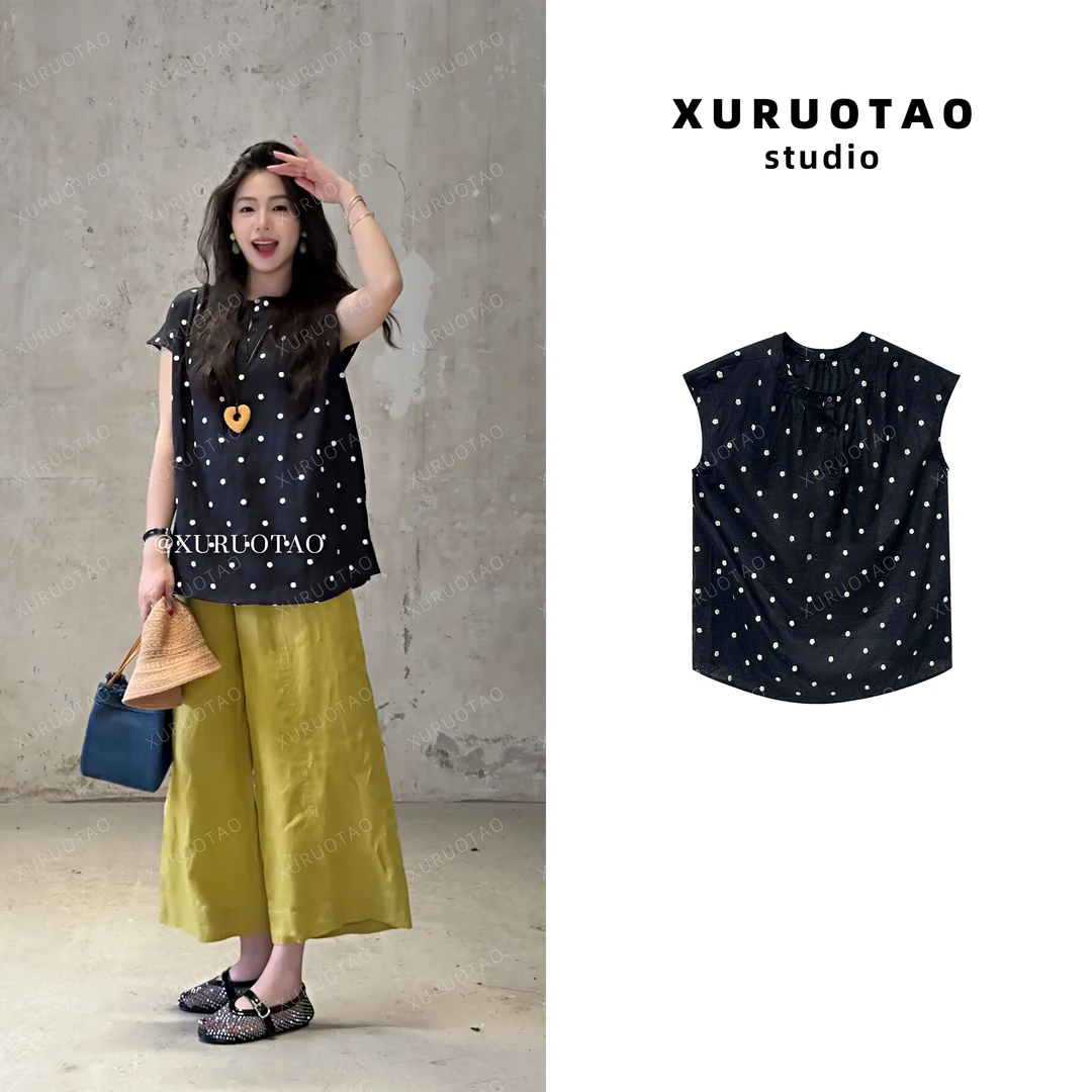 XURUOTAO 【心动波点】 100亚麻波点设计连肩袖黑色上衣 T5405