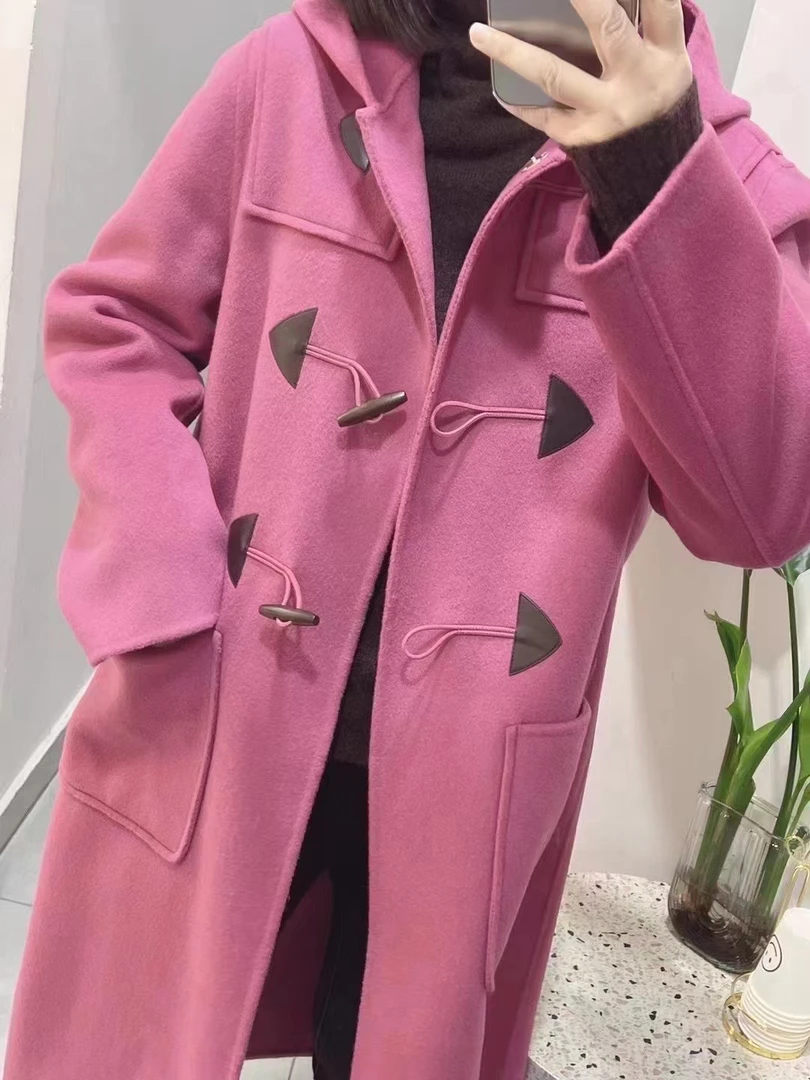 粉色连帽大衣中长款气质双面呢外套女秋冬新款