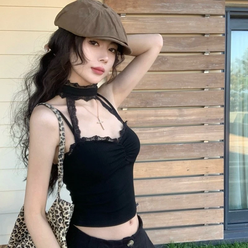 辣妹纯欲挂脖吊带性感小背心女夏季内搭外穿修身短款蕾丝花边上衣