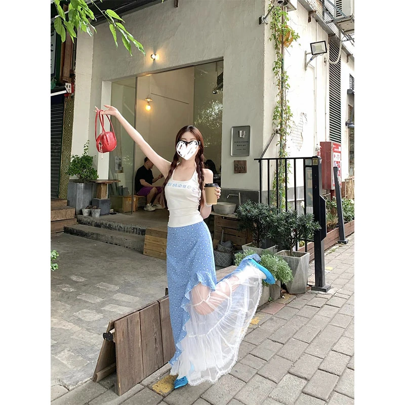 2025夏季新款韩系吊带背心拼接网纱碎花半身裙长裙女两件套chic潮