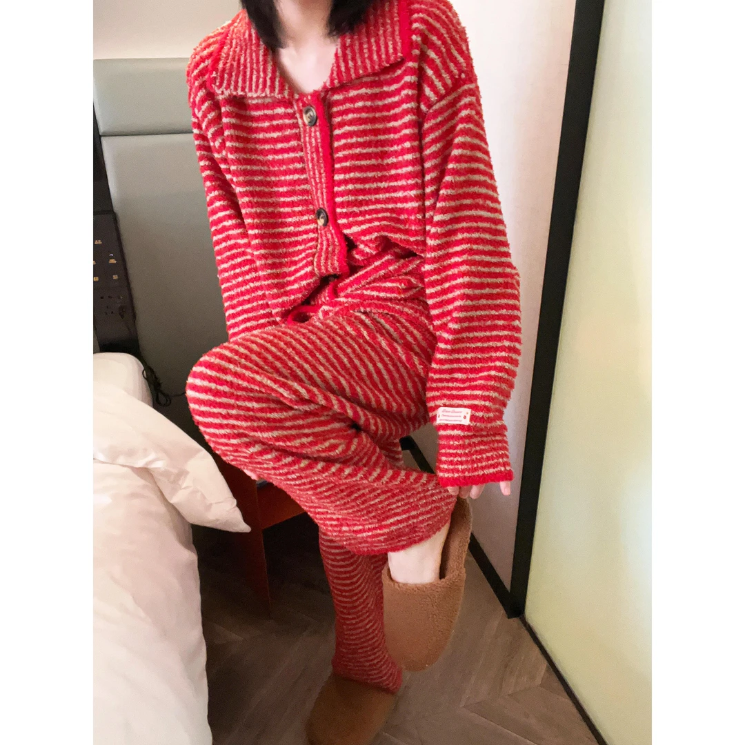 韩系红色条纹针织半边绒睡衣女秋冬新款加绒加厚保暖家居服套装