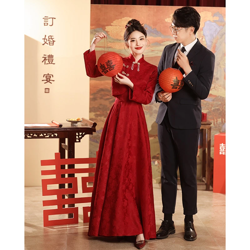 新中式旗袍敬酒服新娘2025新款红色订婚套装出阁长袖礼服连衣裙