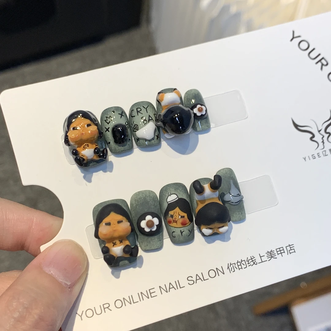亿哥-【森系童萌】-秋冬纯手绘高级款绿色纯手工轻奢高级感美甲甲片