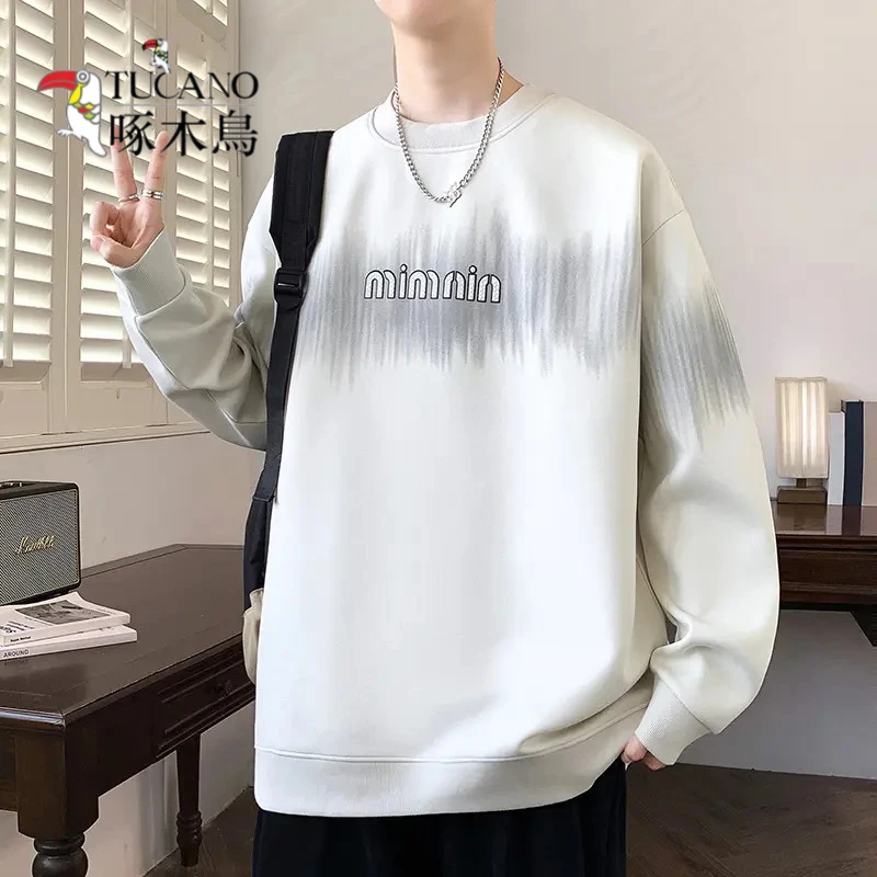 啄木鸟圆领卫衣男春秋季潮流百搭长袖T恤青少年打底休闲宽松上衣
