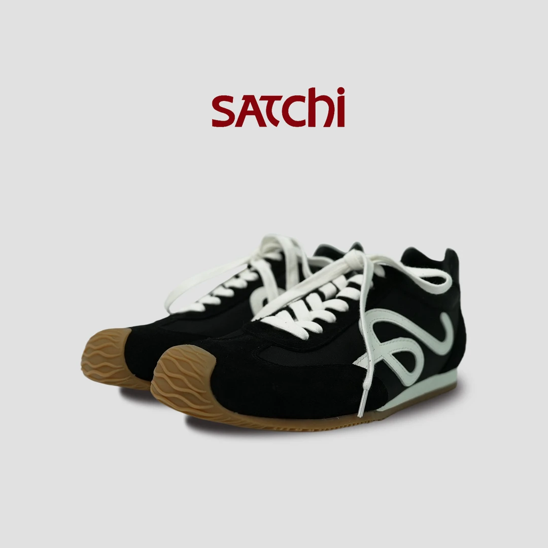 Satchi沙驰2025秋季新品女式牛皮与织物宽头真皮内里复古德训鞋