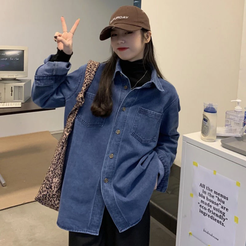 小个子女牛仔衬衫百搭宽松牛仔外套秋冬开衫休闲牛仔长袖开衫上衣