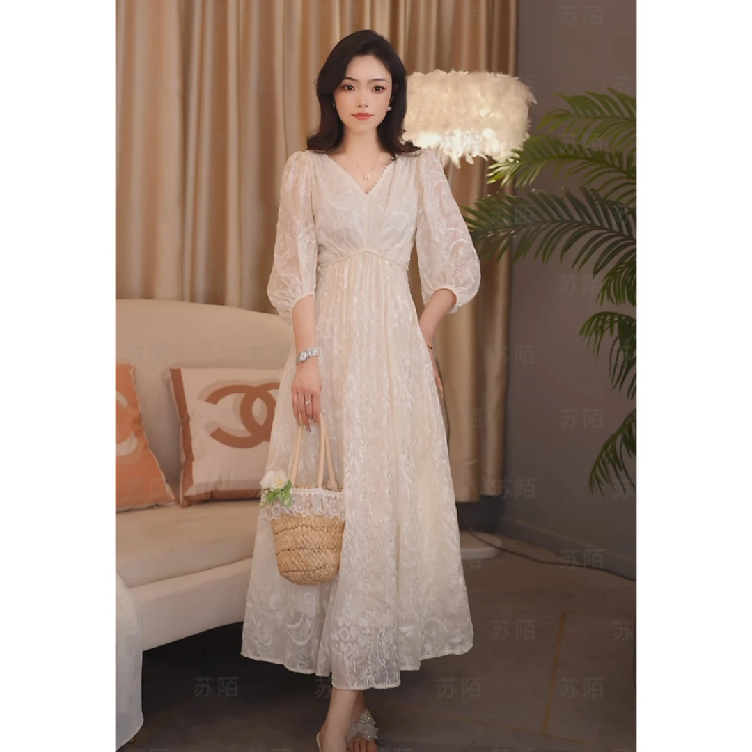 苏陌重工刺绣包边裙子女款高级感连衣裙法式气质长裙及地中长裙子