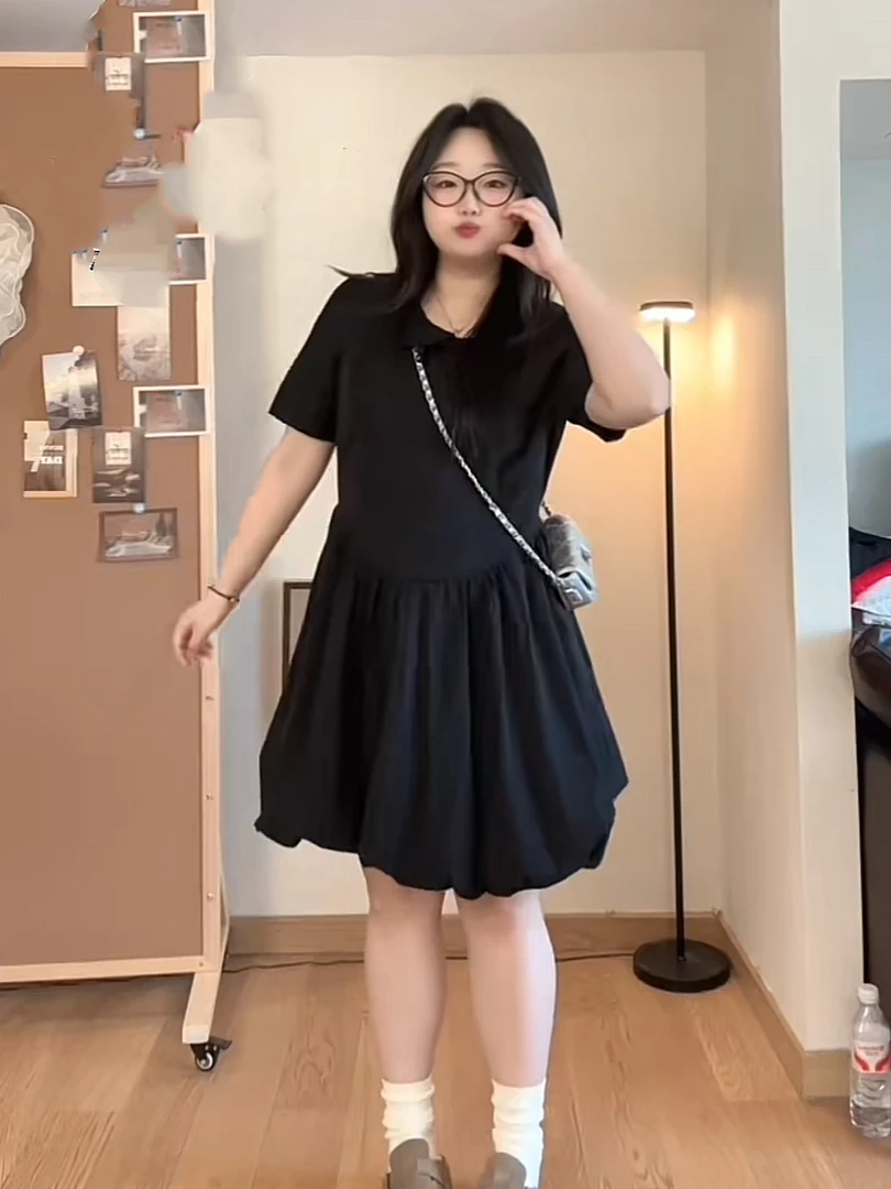 2025夏季新款大码女装显瘦减龄甜美风娃娃领连衣裙（改良半袖款）