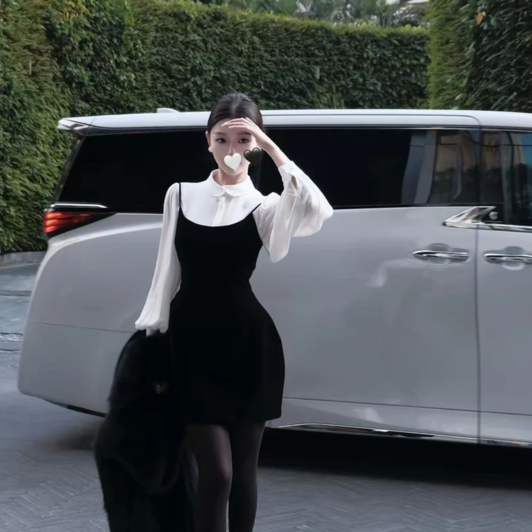 【柔白黑韵】轻奢小众收腰时尚法式气质衬衫裙子吊带裙套装