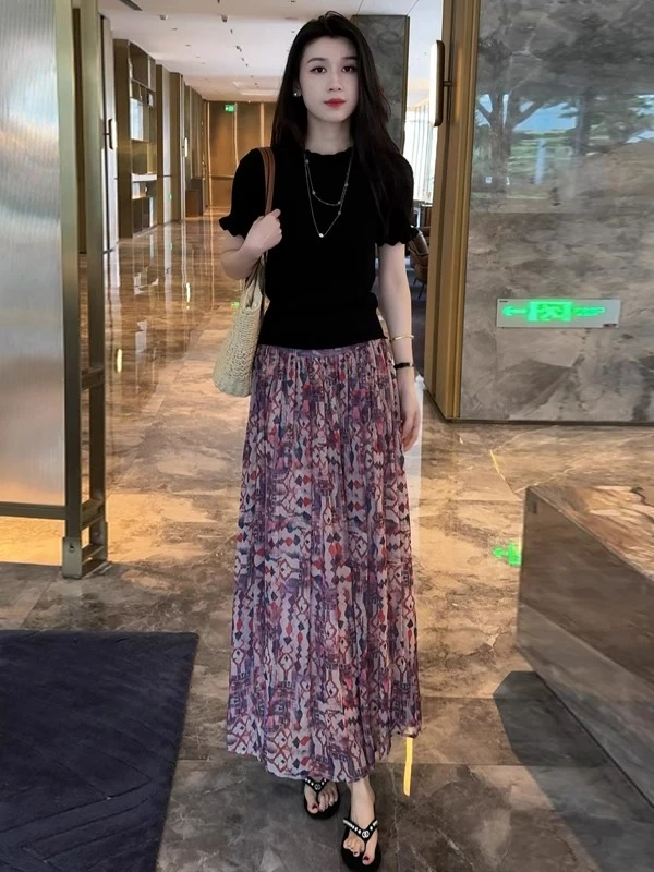 时尚套装裙女2025夏季新款洋气显瘦冰丝针织上衣半身裙气质两件套