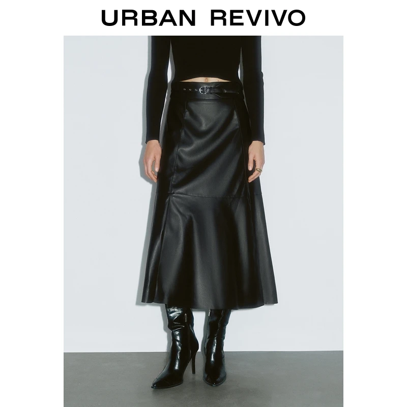 【HOT】UR2025秋季新款女装复古摩登高腰皮带扣半裙UWG550091