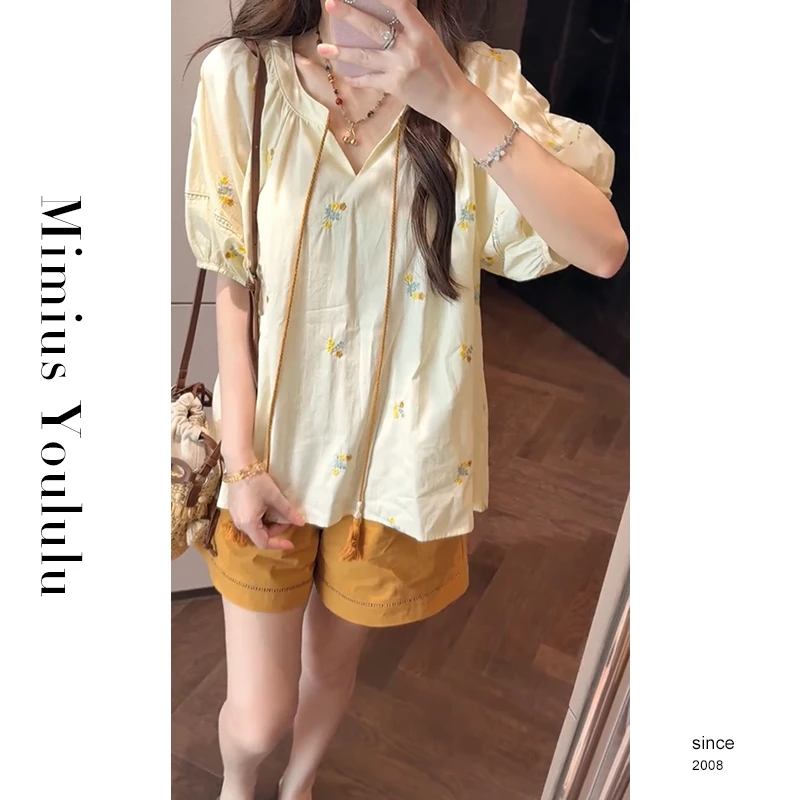 【mimius】P 韩系碎花刺绣小清新短袖衬衫+短裤（松紧腰）G06007