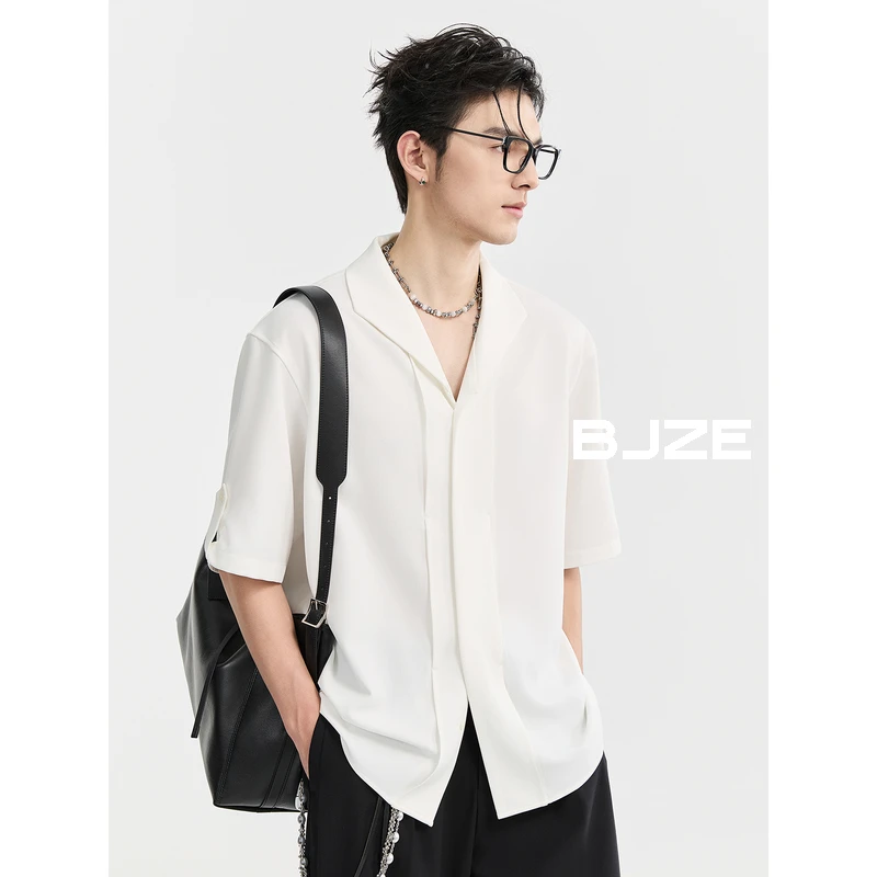 [海鸥领设计感]BJZE夏季气质短袖衬衫男宽松休闲帅气上衣R521185