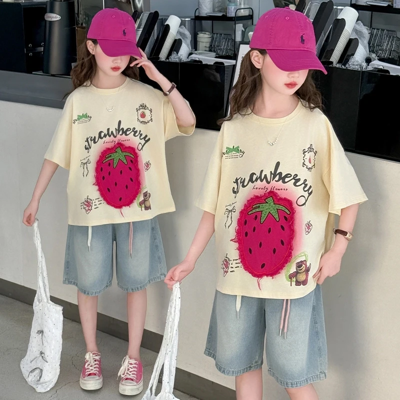 女童夏季短袖t恤套装2025新款韩版洋气儿童装休闲牛仔中裤两件套