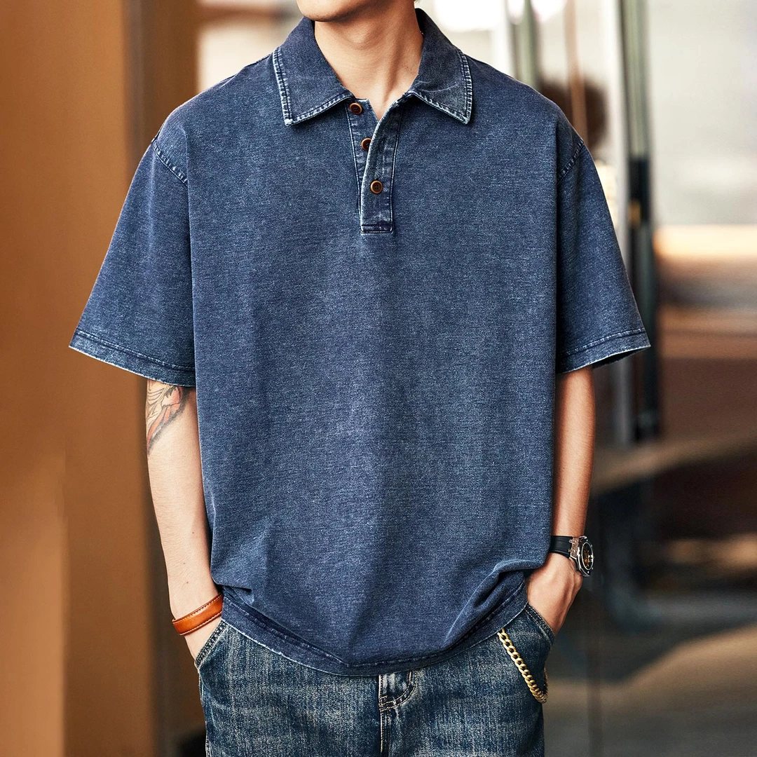 格蓝鹿美式重磅复古蓝水洗牛仔polo衫男2025夏季新款宽松翻领短袖