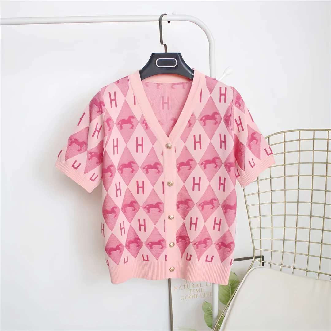 提花字母小马 重工艺撞色V领短袖针织开衫女8859