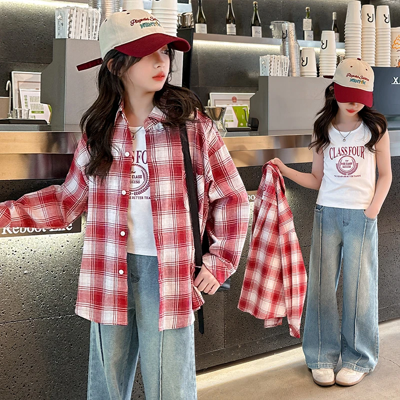 女童春款格子衬衫背心2025新款洋气韩系宽松时尚女孩休闲潮流套装