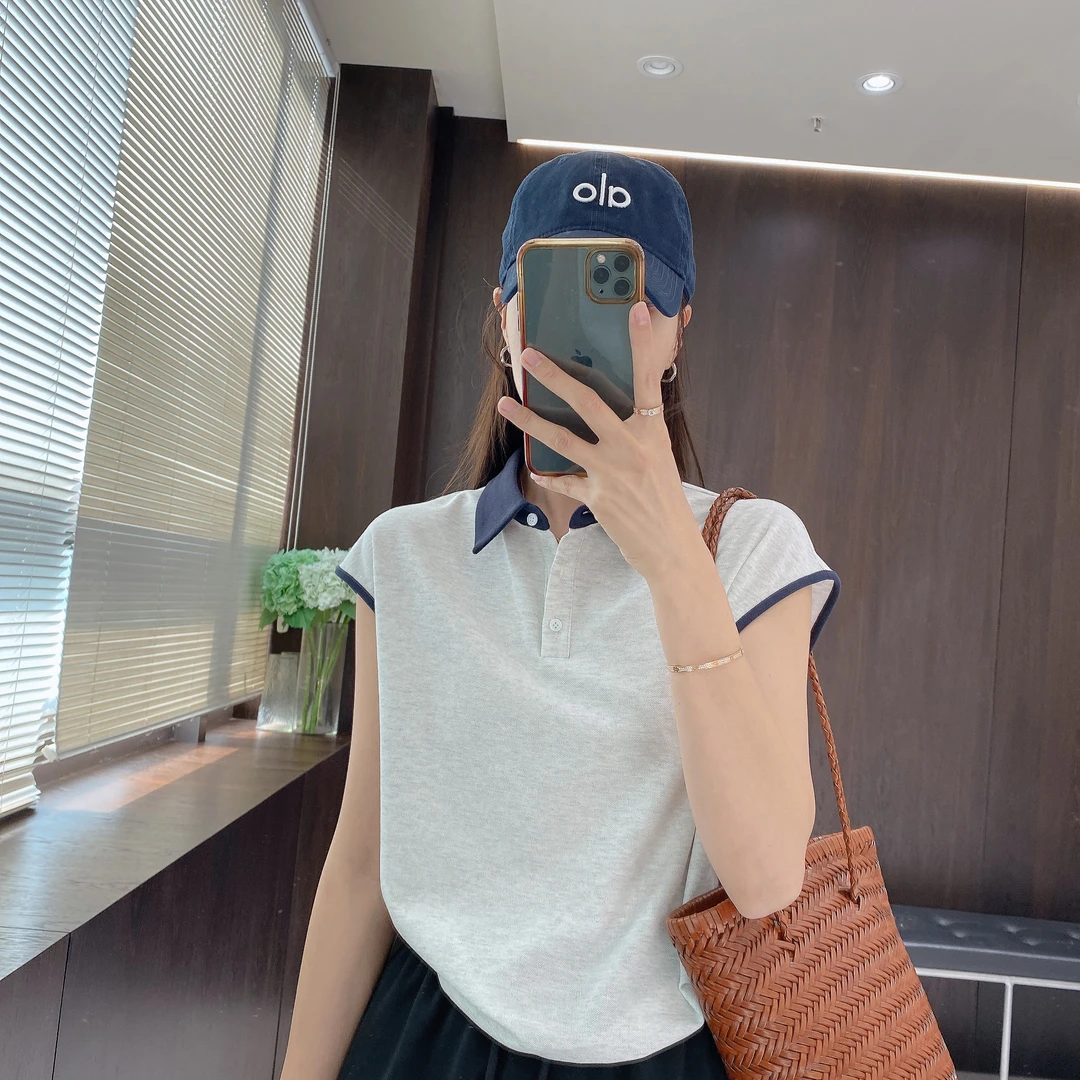 IMFLY金小金自制女装 T恤DYW9279夏日撞色POLO领飞袖通勤百搭上衣